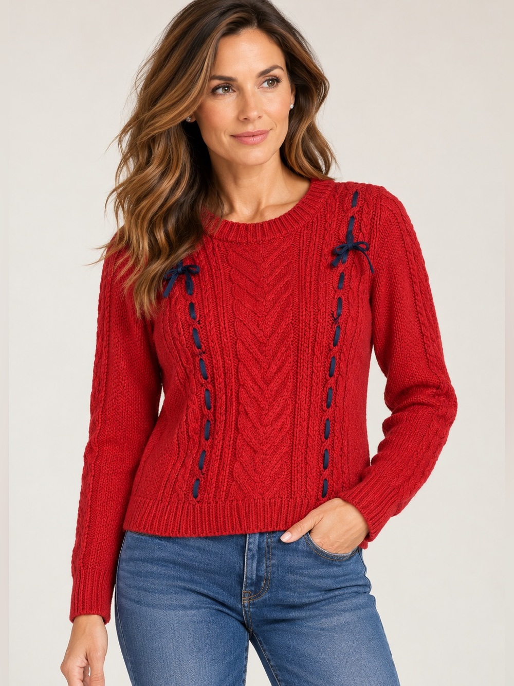 The Reeds x J.Crew Red Cable Knit Ribbon Bow Sweater Small